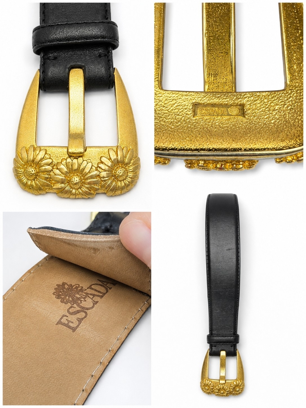 Vintage ESCADA Leather Daisy Belt Gold Sunflower Buckle S 75 1990s 90s Statement